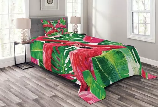ABAKUHAUS Комплект покрывала Flamingo, экзотические листья в стиле ретро, комплект с моющимися наволочками, для односпальных кроватей 170 x 220 см, зеленый розовый