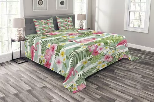 ABAKUHAUS Комплект покрывала Flamingo, экзотический гавайский лист, комплект с моющимися наволочками, для односпальных кроватей 264 x 220 см, зеленый, белый, розовый