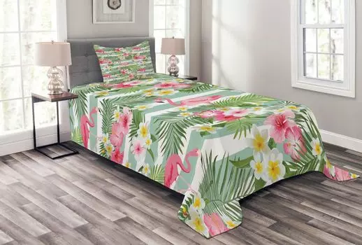 ABAKUHAUS Комплект покрывала Flamingo, экзотический гавайский лист, комплект с моющимися наволочками, для односпальных кроватей 170 x 220 см, зеленый, белый, розовый