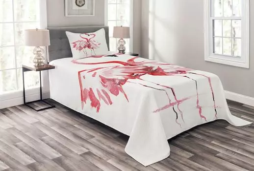 ABAKUHAUS Комплект покрывала Flamingo, Lovers Kissing, комплект с моющимися наволочками, для односпальных кроватей 170 x 220 см, темно-кораллово-белый