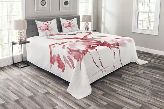 ABAKUHAUS Комплект покрывала Flamingo, Lovers Kissing, комплект с моющимися наволочками, для односпальных кроватей 220 x 220 см, темно-кораллово-белый