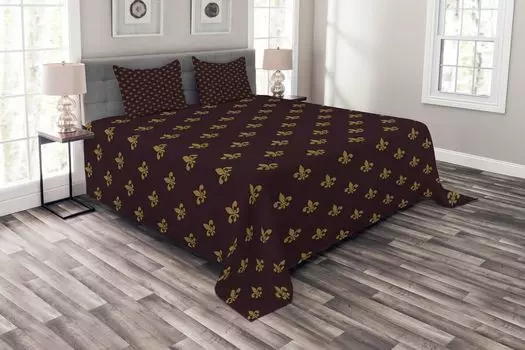 ABAKUHAUS Комплект покрывала Fleur De Lis, королевские узоры, комплект с моющимися наволочками, для односпальных кроватей 264 x 220 см, бордовый земляной желтый