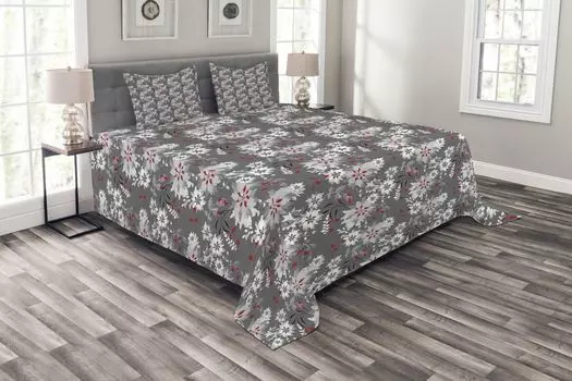 ABAKUHAUS Комплект покрывала Flower, Blooming Spring Natural, комплект с моющимися наволочками, для односпальных кроватей 264 x 220 см, бледно-серый, ярко-серый