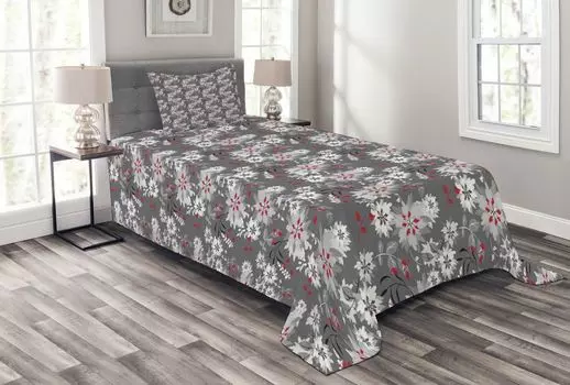 ABAKUHAUS Комплект покрывала Flower, Blooming Spring Natural, комплект с моющимися наволочками, для односпальных кроватей 170 x 220 см, бледно-серый, киноварно-серый