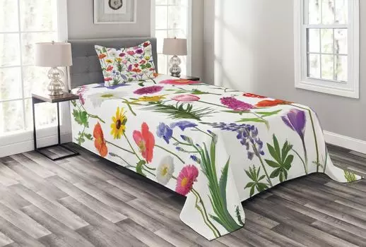 ABAKUHAUS Комплект покрывала Flower, Цветные розы и тюльпаны, Комплект с моющимися наволочками, для односпальных кроватей 170 x 220 см, Разноцветный