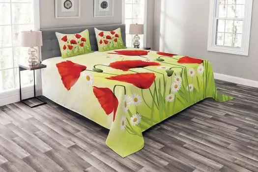 ABAKUHAUS Комплект покрывала Flower, цветочный ромашка, мак, комплект с наволочками, моющийся, для односпальных кроватей, 220 x 220 см, зеленый красный