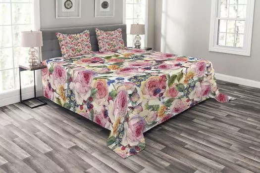 ABAKUHAUS Комплект покрывала Flower, цветы розы Shabby Plant, комплект с моющимися наволочками, для односпальных кроватей 264 x 220 см, разноцветный