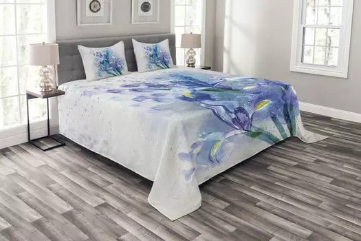 ABAKUHAUS Комплект покрывала Flower, Iris Fresh Colors, комплект с моющимися наволочками, для односпальных кроватей 220 x 220 см, фиолетовый бирюзовый, экрю
