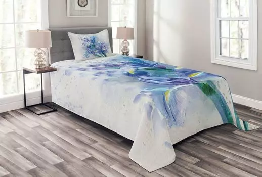 ABAKUHAUS Комплект покрывала Flower, Iris Fresh Colors, комплект с моющимися наволочками, для односпальных кроватей 170 x 220 см, фиолетовый бирюзовый, экрю