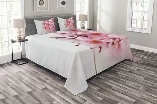 ABAKUHAUS Комплект покрывала Flower, лепестки вишневого цвета, комплект с моющимися наволочками, для односпальных кроватей 220 x 220 см, бледно-розовый белый