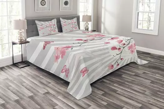 ABAKUHAUS Комплект покрывала Flower, «Птицы на вишневом дереве», комплект с моющимися наволочками, для односпальных кроватей 264 x 220 см, Бледно-серый розовый