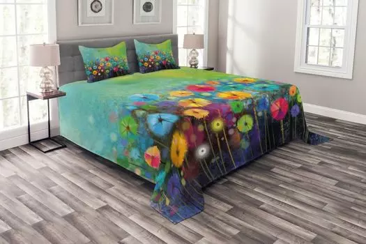 ABAKUHAUS Комплект покрывала Flower, разноцветные одуванчики, комплект с наволочками, моющийся, для односпальных кроватей, 264 x 220 см, разноцветный