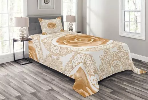 ABAKUHAUS Комплект покрывала Flower, соцветия роз, комплект со моющимися наволочками, для односпальных кроватей 170 x 220 см, коричневый белый песок