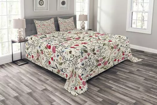 ABAKUHAUS Комплект покрывала Flower, в горошек с птицами и розой, комплект с моющимися наволочками, для односпальных кроватей 264 x 220 см, разноцветный