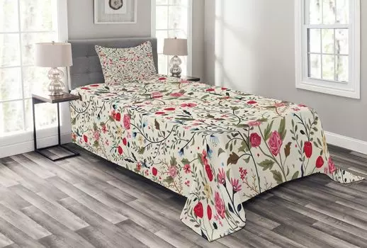 ABAKUHAUS Комплект покрывала Flower, в горошек с птицами и розой, комплект с моющимися наволочками, для односпальных кроватей 170 x 220 см, разноцветный