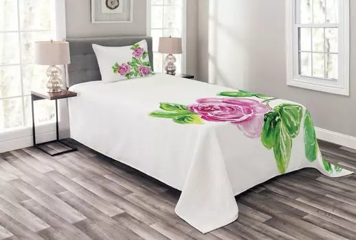 ABAKUHAUS Комплект покрывала Flowers, Roses Romantic, комплект с моющимися наволочками, для односпальных кроватей 170 x 220 см, Зеленый Розовый