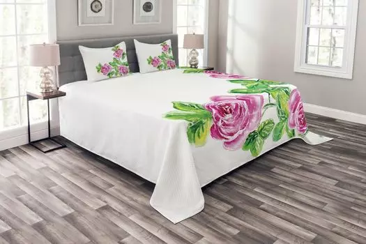 ABAKUHAUS Комплект покрывала Flowers, Roses Romantic, комплект с моющимися наволочками, для односпальных кроватей 220 x 220 см, Зеленый Розовый