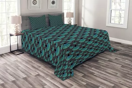 ABAKUHAUS Комплект покрывала Geometric, триповые полукруги, комплект с наволочками, моющийся, для односпальных кроватей 220 x 220 см, антрацитово-серый нефритовый зеленый