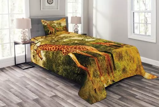 ABAKUHAUS Комплект покрывала Giraffe, животные африканского сафари, комплект со моющимися наволочками, для односпальных кроватей 170 x 220 см, темно-оранжево-зеленый