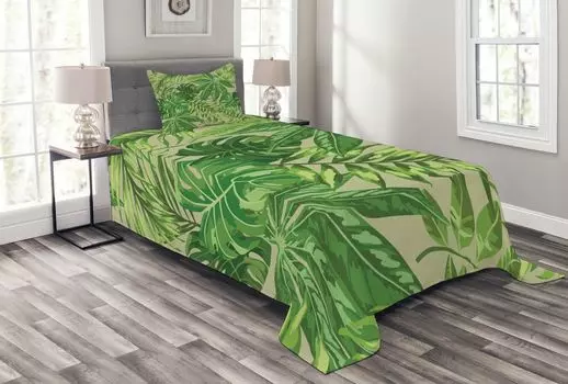 ABAKUHAUS Комплект покрывала Green Leaf, Fresh Jungle Aloha, комплект с моющимися наволочками, для односпальных кроватей 170 x 220 см, Apple Green Fern Green