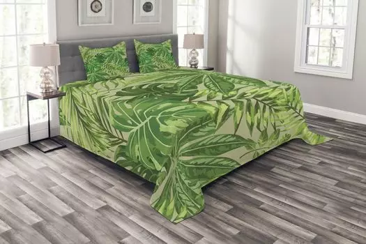 ABAKUHAUS Комплект покрывала Green Leaf, Fresh Jungle Aloha, комплект с моющимися наволочками, для односпальных кроватей 220 x 220 см, Apple Green Fern Green