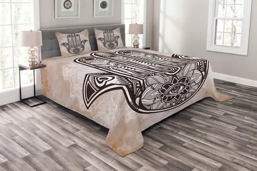 ABAKUHAUS Комплект покрывала Hamsa, Mystic Mandala Eastern, комплект с моющимися наволочками, для односпальных кроватей 220 x 220 см, коричневый и кремовый