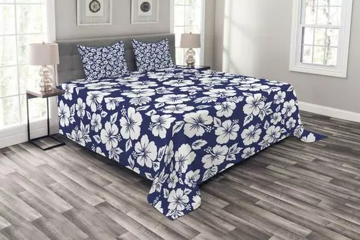 ABAKUHAUS Комплект покрывала Hawaii, цветок гибискуса, комплект с наволочками, моющийся, для односпальных кроватей, 264 x 220 см, темно-синий и белый