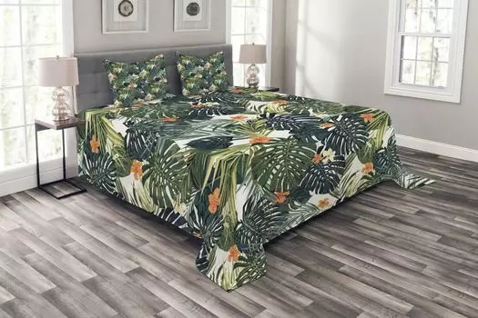 ABAKUHAUS Комплект покрывала Hawaii, красочное растение Полинезии, комплект с наволочками, моющийся, для односпальных кроватей 220 x 220 см, нефритовый зеленый папоротник