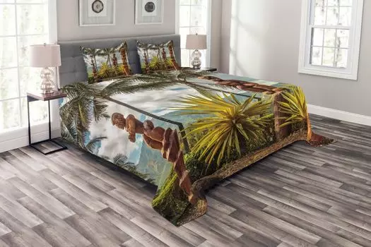 ABAKUHAUS Комплект покрывала Hawaii, маски тики и пальмы, комплект со моющимися наволочками, для односпальных кроватей 220 х 220 см, коричнево-зеленый
