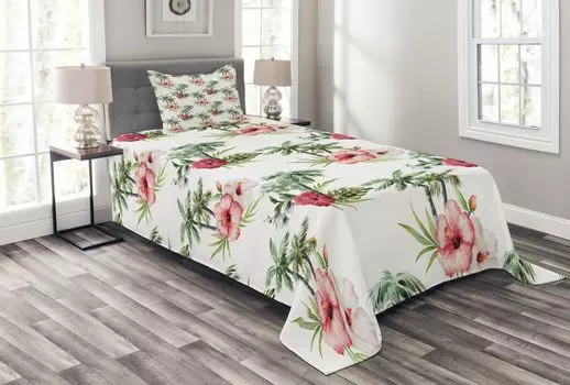 ABAKUHAUS Комплект покрывала Hawaii, пальмы-гибискус, комплект со моющимися наволочками, для односпальных кроватей 170 х 220 см, зеленый резеда, бледно-розовый