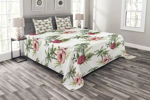 ABAKUHAUS Комплект покрывала Hawaii, пальмы-гибискус, комплект со моющимися наволочками, для односпальных кроватей 220 х 220 см, зеленый резеда, бледно-розовый