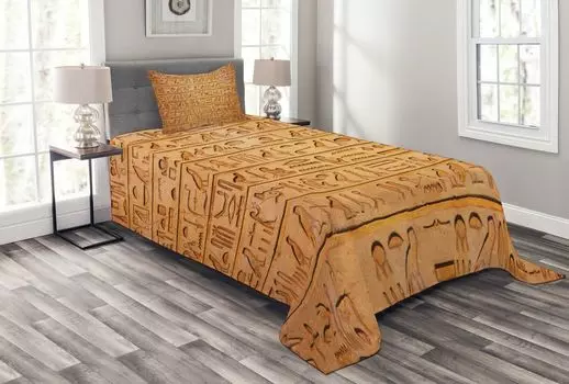ABAKUHAUS Комплект покрывала Hieroglyph, композиция из иероглифов, комплект с наволочками, моющийся, для односпальных кроватей 170 x 220 см, бледно-оранжевый, янтарный