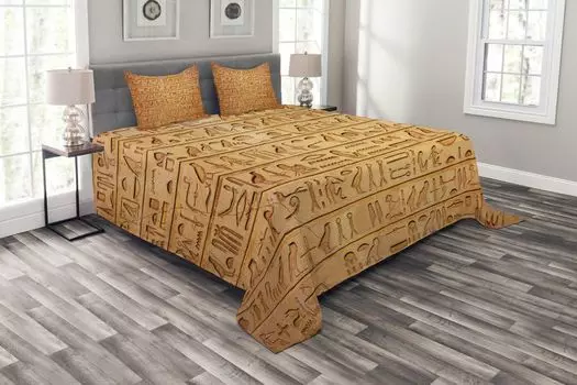 ABAKUHAUS Комплект покрывала Hieroglyph, композиция из иероглифов, комплект с наволочками, моющийся, для односпальных кроватей 220 x 220 см, бледно-оранжевый, янтарный