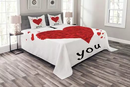 ABAKUHAUS Комплект покрывала I love you, букет любви в форме сердца, комплект со моющимися наволочками, для односпальных кроватей 264 x 220 см, белый красный