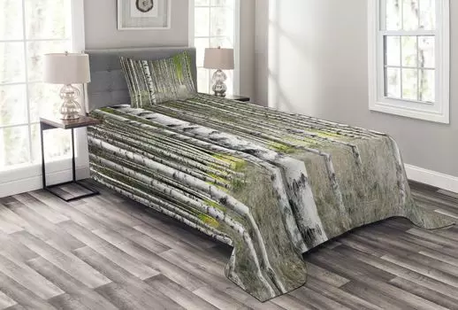 ABAKUHAUS Комплект покрывала из березы, Поздние летние листья, комплект с моющимися наволочками, для односпальных кроватей 170 x 220 см, Зеленый Светло-Серый Черный