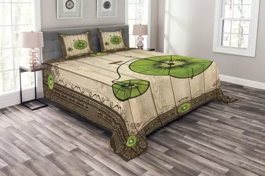 ABAKUHAUS Комплект покрывала Kiwi, ретро-велосипед с фруктовыми колесами, комплект со моющимися наволочками, для односпальных кроватей 220 x 220 см, салатово-бежевый