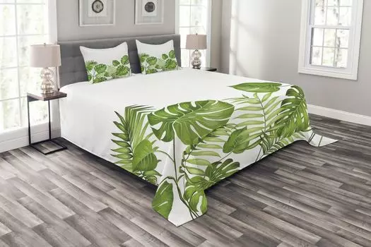 ABAKUHAUS Комплект покрывала Leaf, Leaves Swirls Botanic, комплект с моющимися наволочками, для односпальных кроватей 220 x 220 см, бледно-зеленый