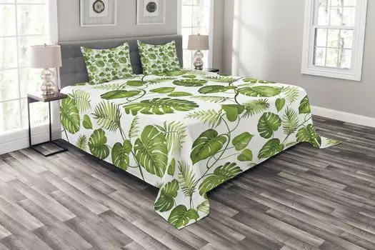 ABAKUHAUS Комплект покрывала Leaf, Swirl Palm Banana Trees, комплект с моющимися наволочками, для односпальных кроватей 220 x 220 см, бледно-зеленый