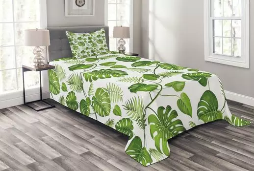 ABAKUHAUS Комплект покрывала Leaf, Swirl Palm Banana Trees, комплект с моющимися наволочками, для односпальных кроватей 170 x 220 см, бледно-зеленый