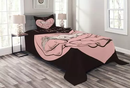 ABAKUHAUS Комплект покрывала Love Theme, Always You Care, с моющимися наволочками, для односпальных кроватей 170 x 220 см, Светло-розовый Темно-коричневый