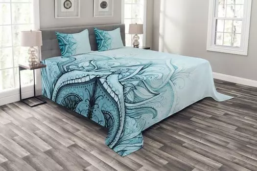ABAKUHAUS Комплект покрывала Mandala, декоративное кружево, комплект с наволочками, моющийся, для односпальных кроватей 220 х 220 см, цвет морской волны