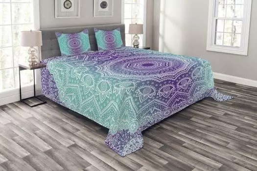 ABAKUHAUS Комплект покрывала Mandala, изысканный хиппи, комплект со моющимися наволочками, для односпальных кроватей 264 x 220 см, цвет морской волны