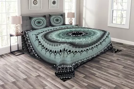 ABAKUHAUS Комплект покрывала Mandala, винтажные круги Mandala, комплект с моющимися наволочками, для односпальных кроватей 220 x 220 см, синий черный