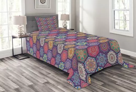 ABAKUHAUS Комплект покрывала Mandala, восточный мотив шестиугольника, комплект с моющимися наволочками, для односпальных кроватей 170 x 220 см, разноцветный