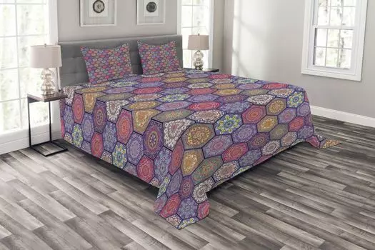 ABAKUHAUS Комплект покрывала Mandala, восточный мотив шестиугольника, комплект с моющимися наволочками, для односпальных кроватей 220 x 220 см, разноцветный