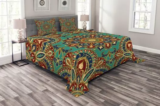 ABAKUHAUS Комплект покрывала Mandala, восточный, с моющимися наволочками, для односпальных кроватей 220 x 220 см, бирюзовый, индиго, рубин
