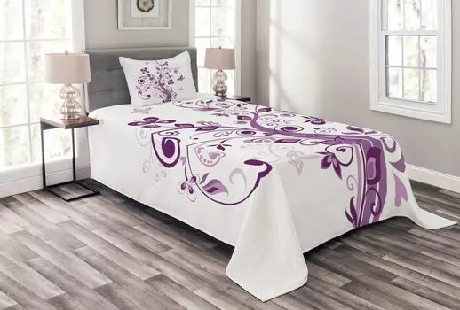 ABAKUHAUS Комплект покрывала Mauve, масло с цветами и листьями, комплект с моющимися наволочками, для односпальных кроватей 170 x 220 см, белый фиолетовый