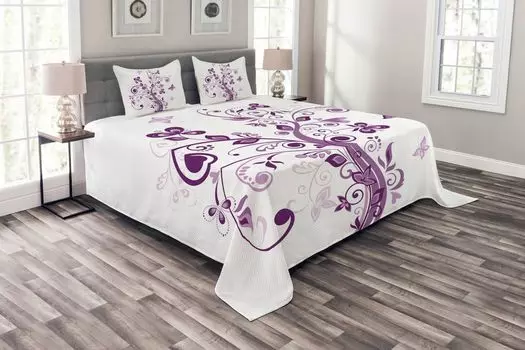 ABAKUHAUS Комплект покрывала Mauve, масло с листьями цветов, комплект с моющимися наволочками, для односпальных кроватей 220 x 220 см, белый фиолетовый
