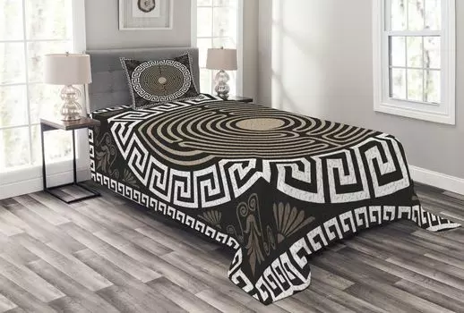 ABAKUHAUS Комплект покрывала Meander, греческая лада и волна, комплект с моющимися наволочками, для односпальных кроватей 170 x 220 см, темно-коричневый кокосовый оттенок