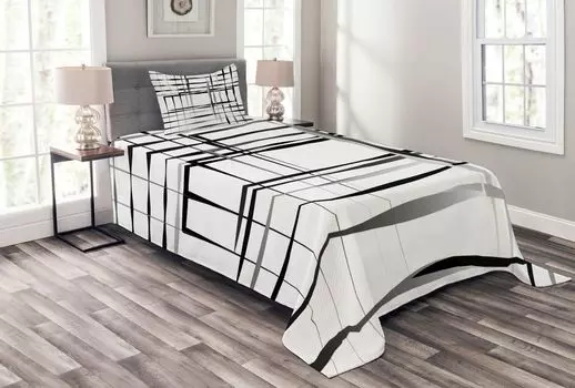 ABAKUHAUS Комплект покрывала Modern Art, Abstract Art Geometric, комплект с моющимися наволочками, для односпальных кроватей 170 x 220 см, белый черный